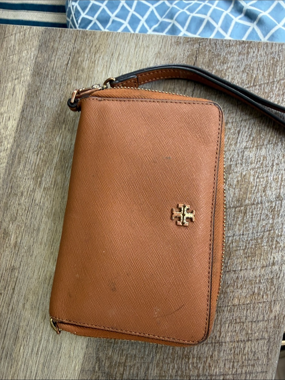 Tory Burch Caramel Leather Zip Wristlet Wallet with Gold Logo